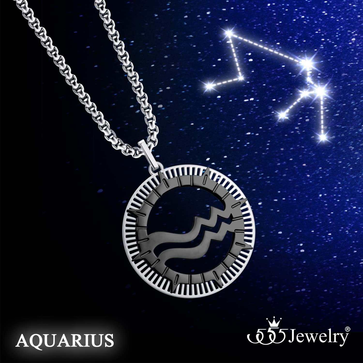 image:image555Jewelry Stainless Steel Horoscope Zodiac Sign Necklace Pendant for Men amp Women Aquarius SilverBlack