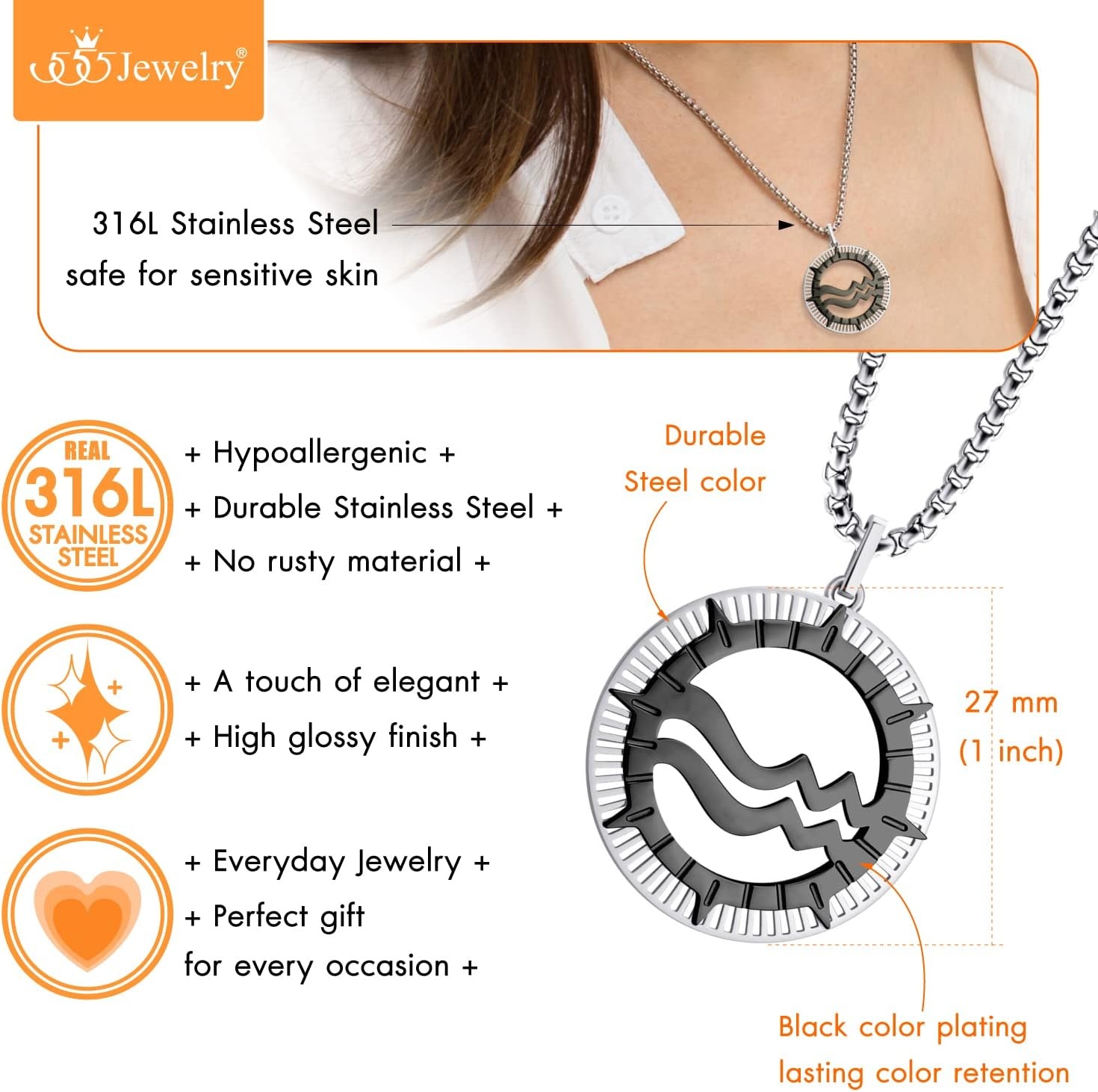 image:image555Jewelry Stainless Steel Horoscope Zodiac Sign Necklace Pendant for Men amp Women Aquarius SilverBlack