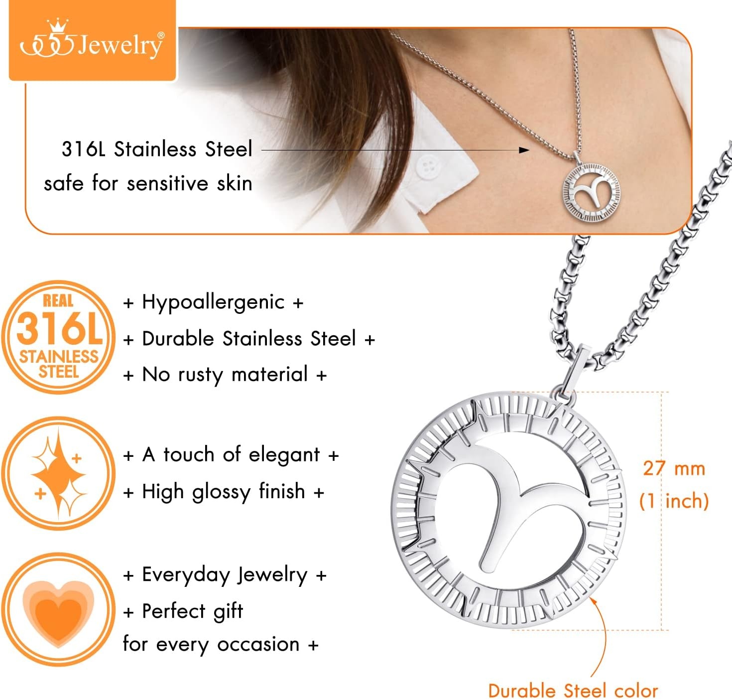 image:image555Jewelry Stainless Steel Horoscope Zodiac Sign Necklace Pendant for Men amp Women Aries Silver