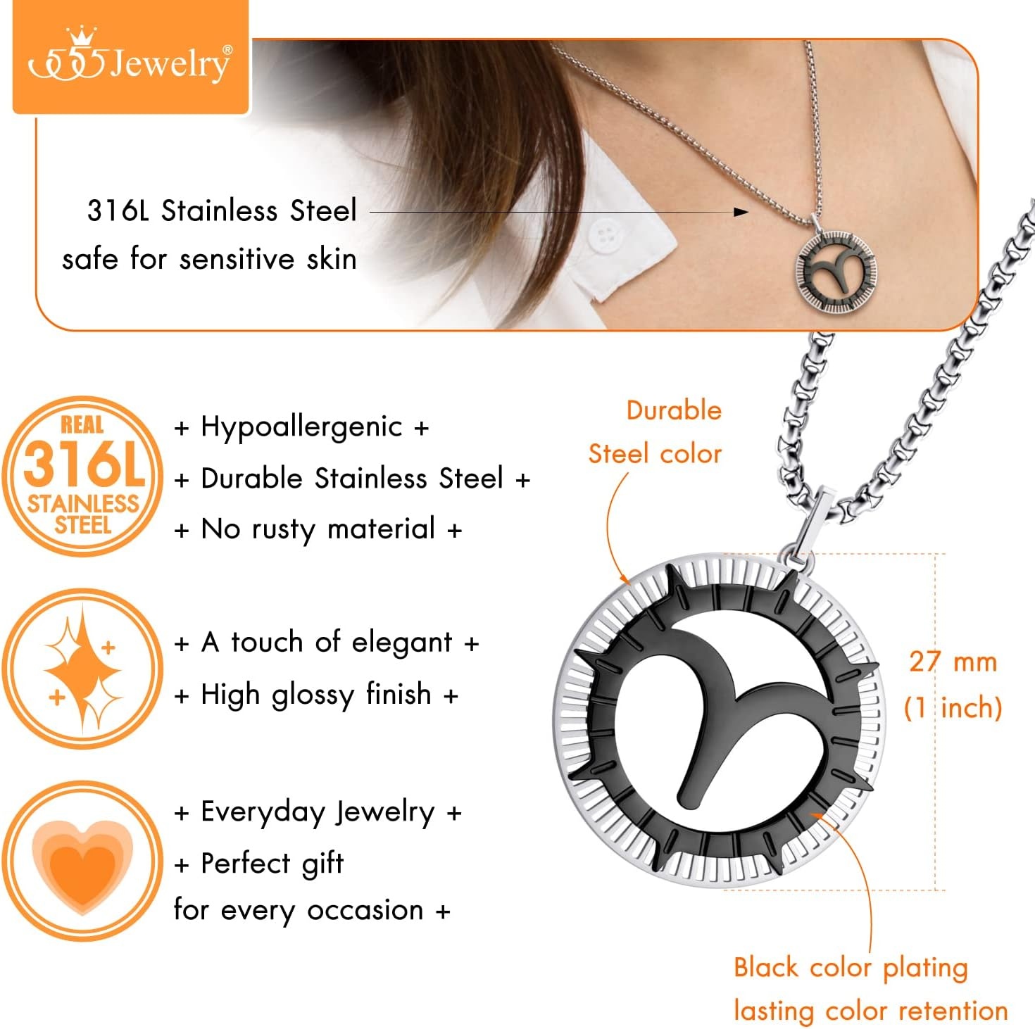 image:image555Jewelry Stainless Steel Horoscope Zodiac Sign Necklace Pendant for Men amp Women Aries SilverBlack