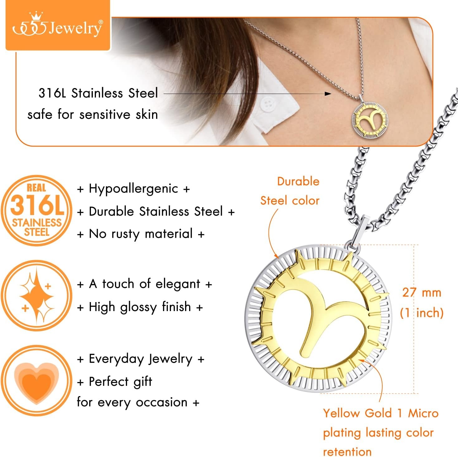 image:image555Jewelry Stainless Steel Horoscope Zodiac Sign Necklace Pendant for Men amp Women Aries SilverGold
