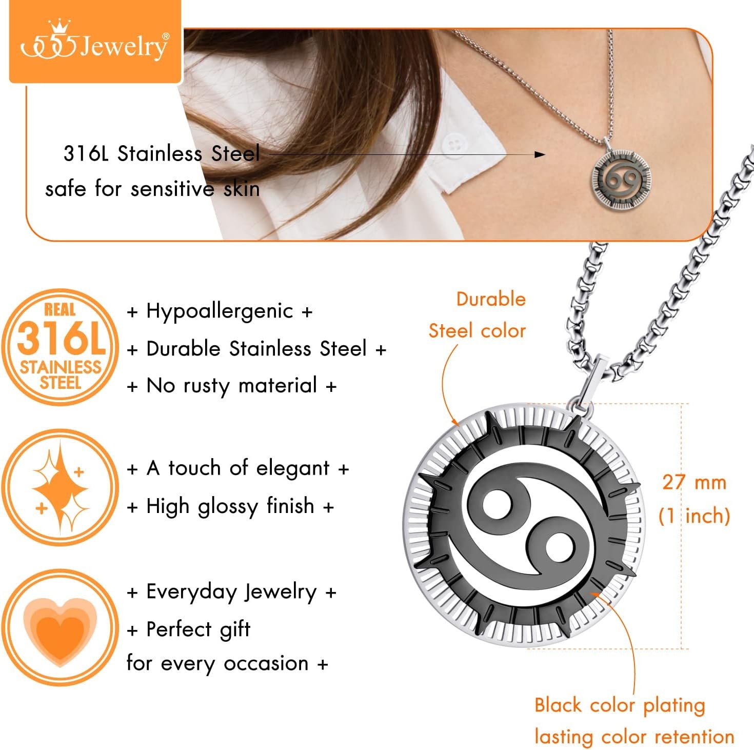 image:image555Jewelry Stainless Steel Horoscope Zodiac Sign Necklace Pendant for Men amp Women Cancer SilverBlack