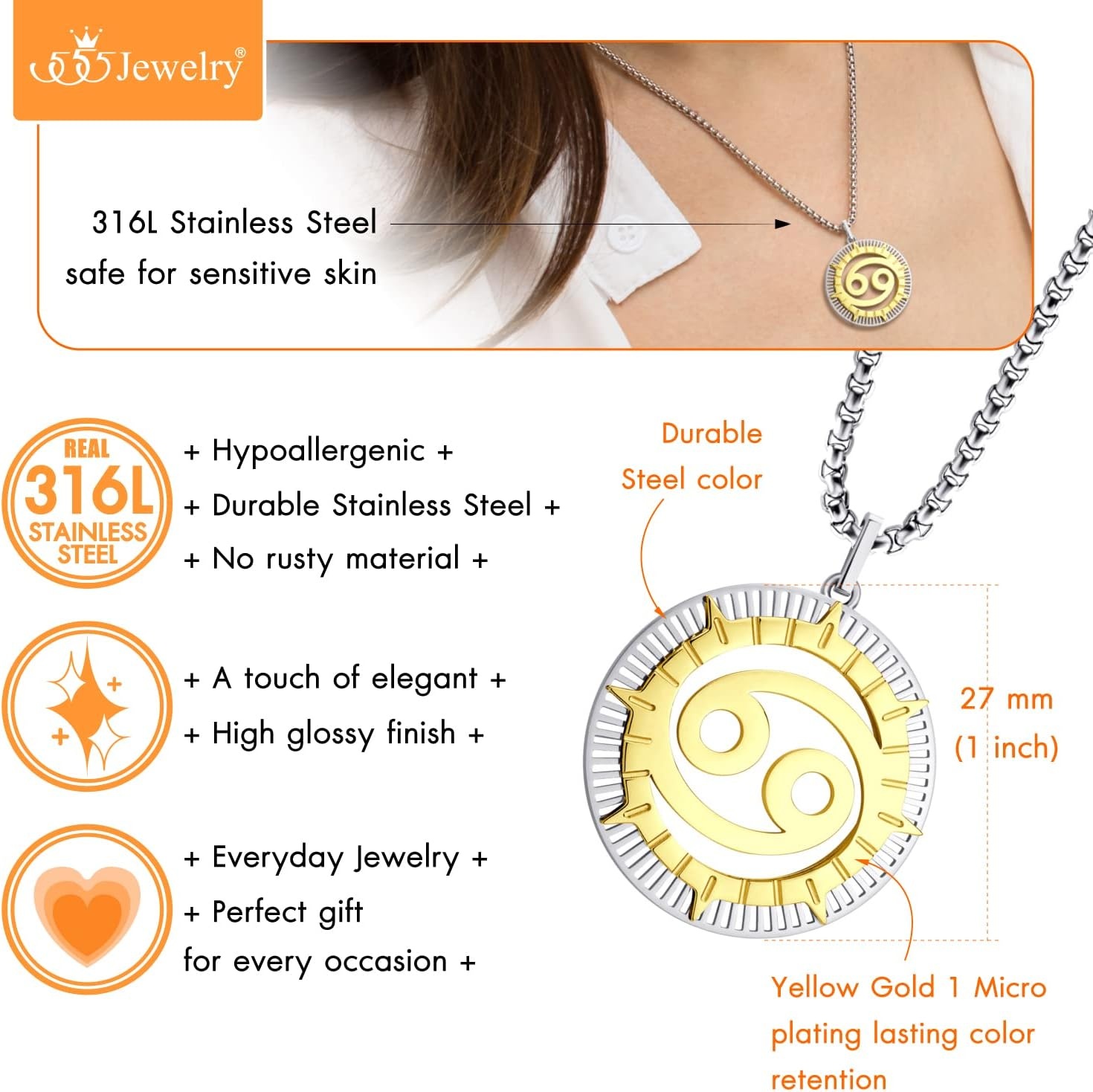 image:image555Jewelry Stainless Steel Horoscope Zodiac Sign Necklace Pendant for Men amp Women Cancer SilverGold