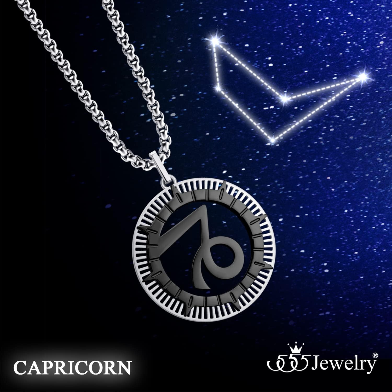 image:image555Jewelry Stainless Steel Horoscope Zodiac Sign Necklace Pendant for Men amp Women Capricorn SilverBlack