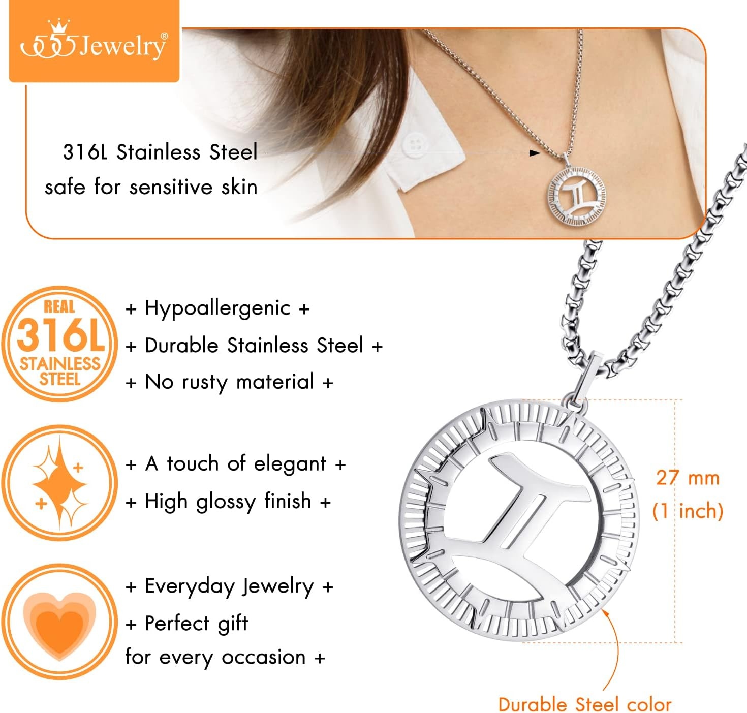 image:image555Jewelry Stainless Steel Horoscope Zodiac Sign Necklace Pendant for Men amp Women Gemini Silver