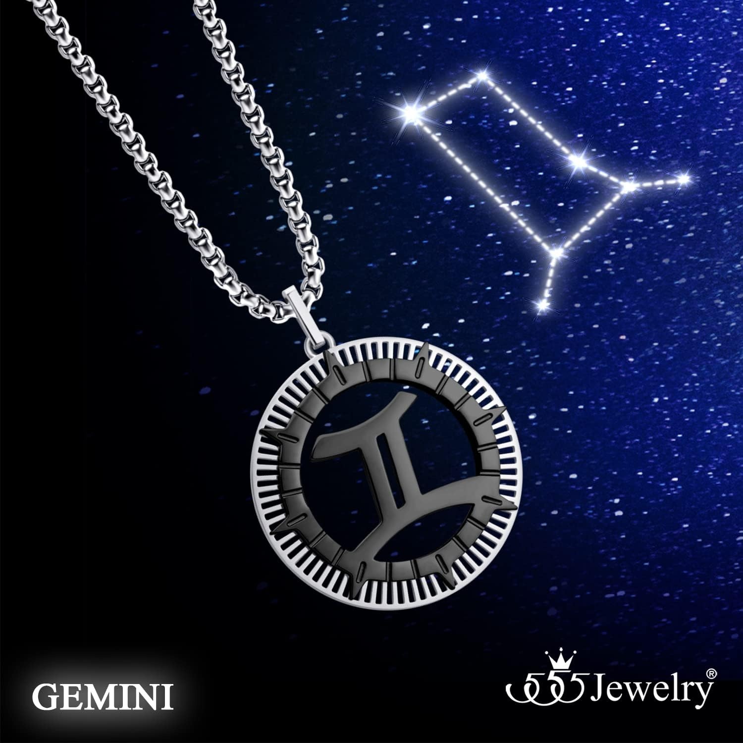 image:image555Jewelry Stainless Steel Horoscope Zodiac Sign Necklace Pendant for Men amp Women Gemini SilverBlack