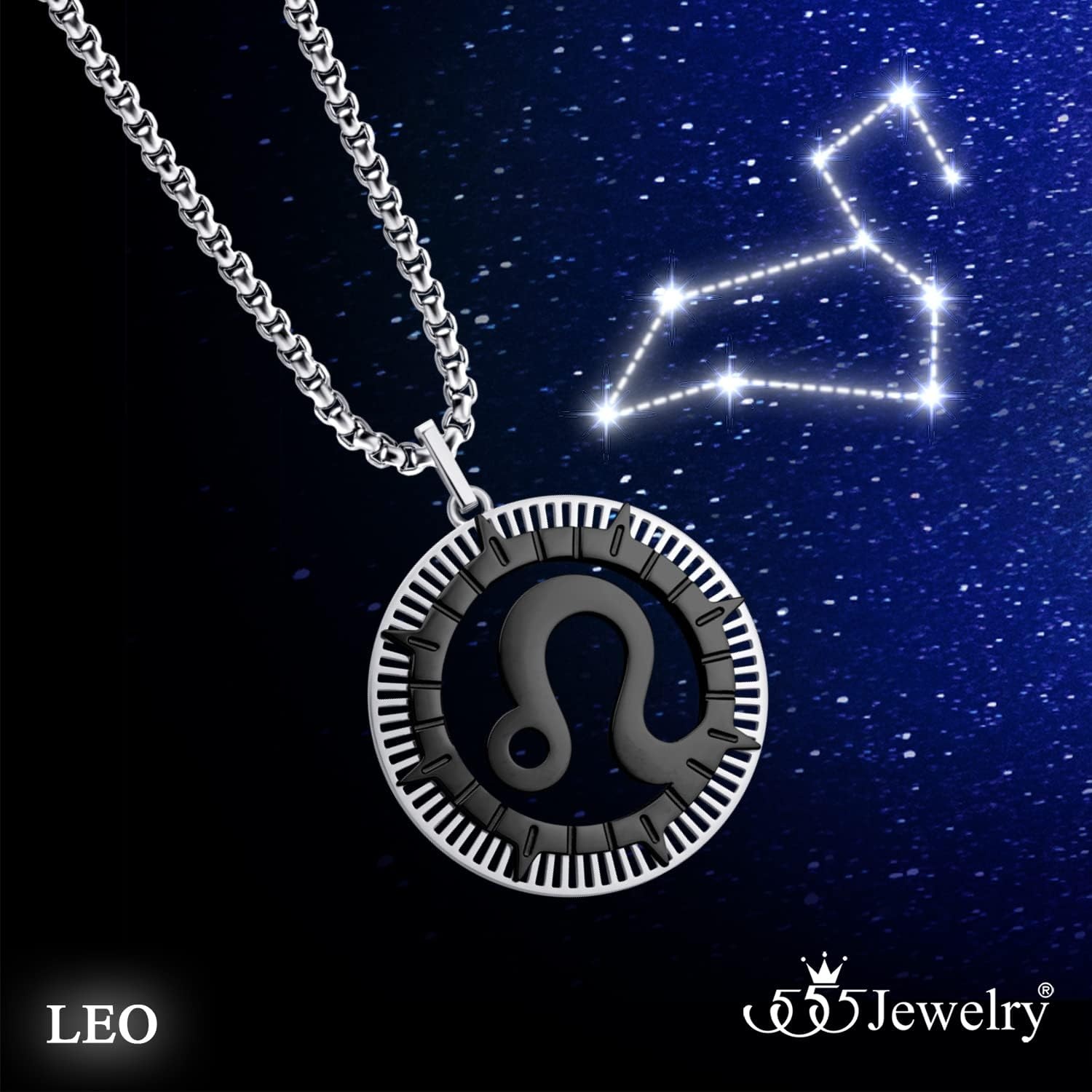 image:image555Jewelry Stainless Steel Horoscope Zodiac Sign Necklace Pendant for Men amp Women Leo SilverBlack