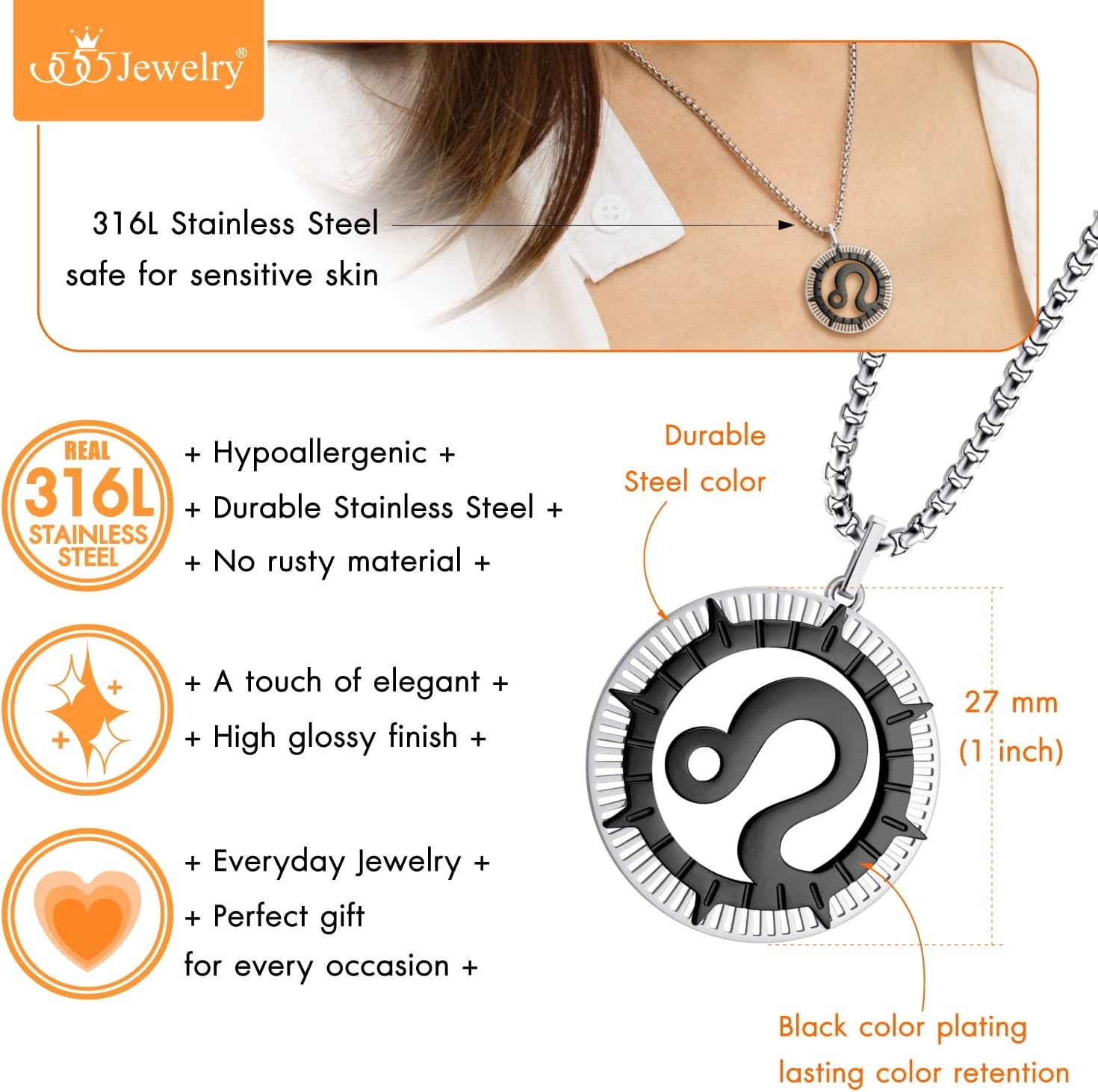 image:image555Jewelry Stainless Steel Horoscope Zodiac Sign Necklace Pendant for Men amp Women Leo SilverBlack