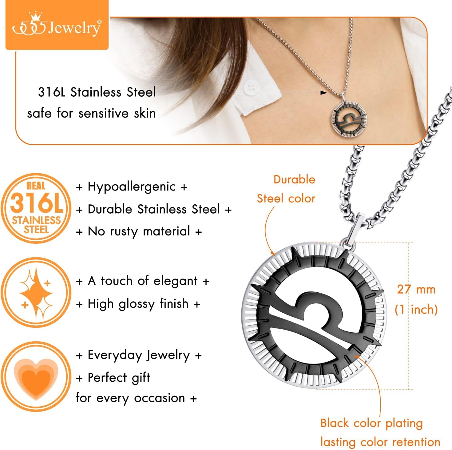 image:image555Jewelry Stainless Steel Horoscope Zodiac Sign Necklace Pendant for Men amp Women Libra SilverBlack