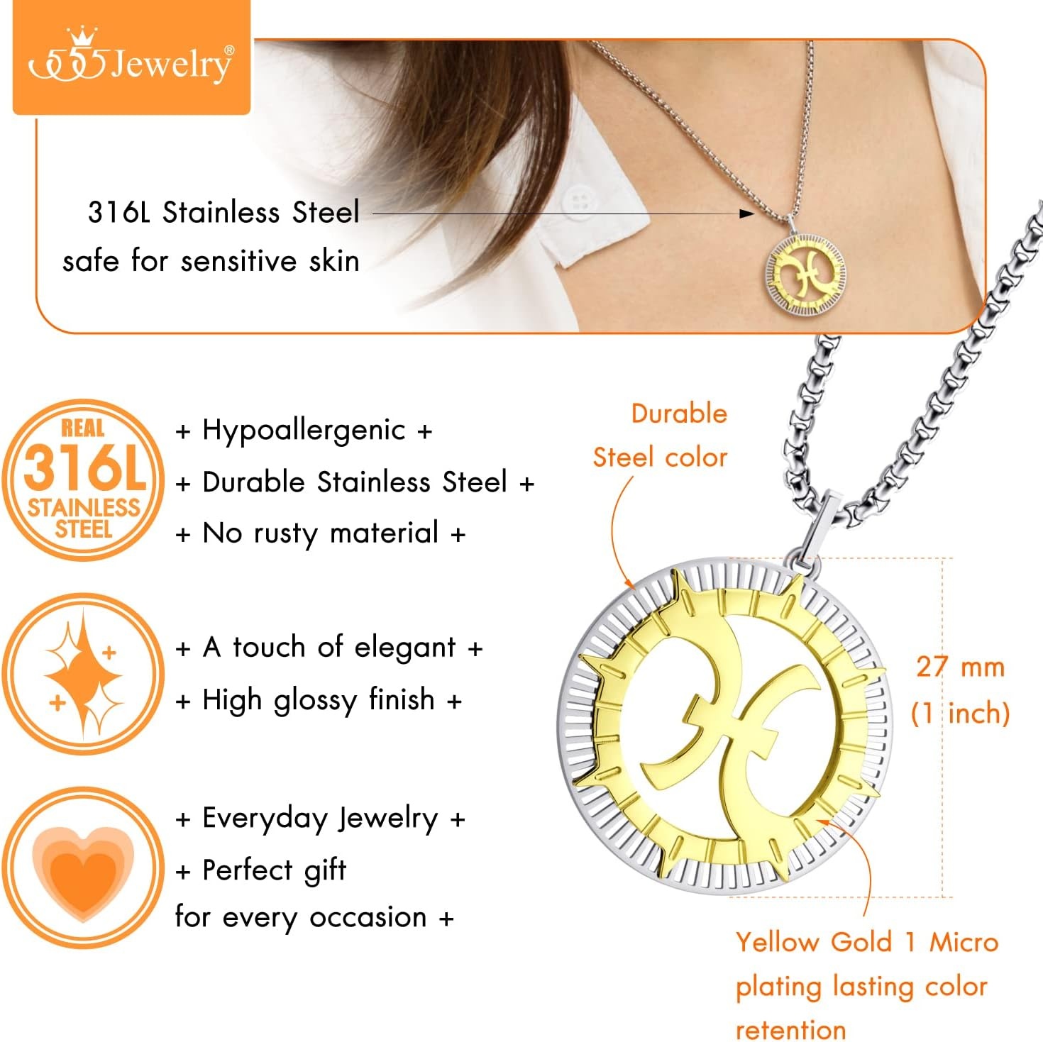 image:image555Jewelry Stainless Steel Horoscope Zodiac Sign Necklace Pendant for Men amp Women Pisces SilverGold