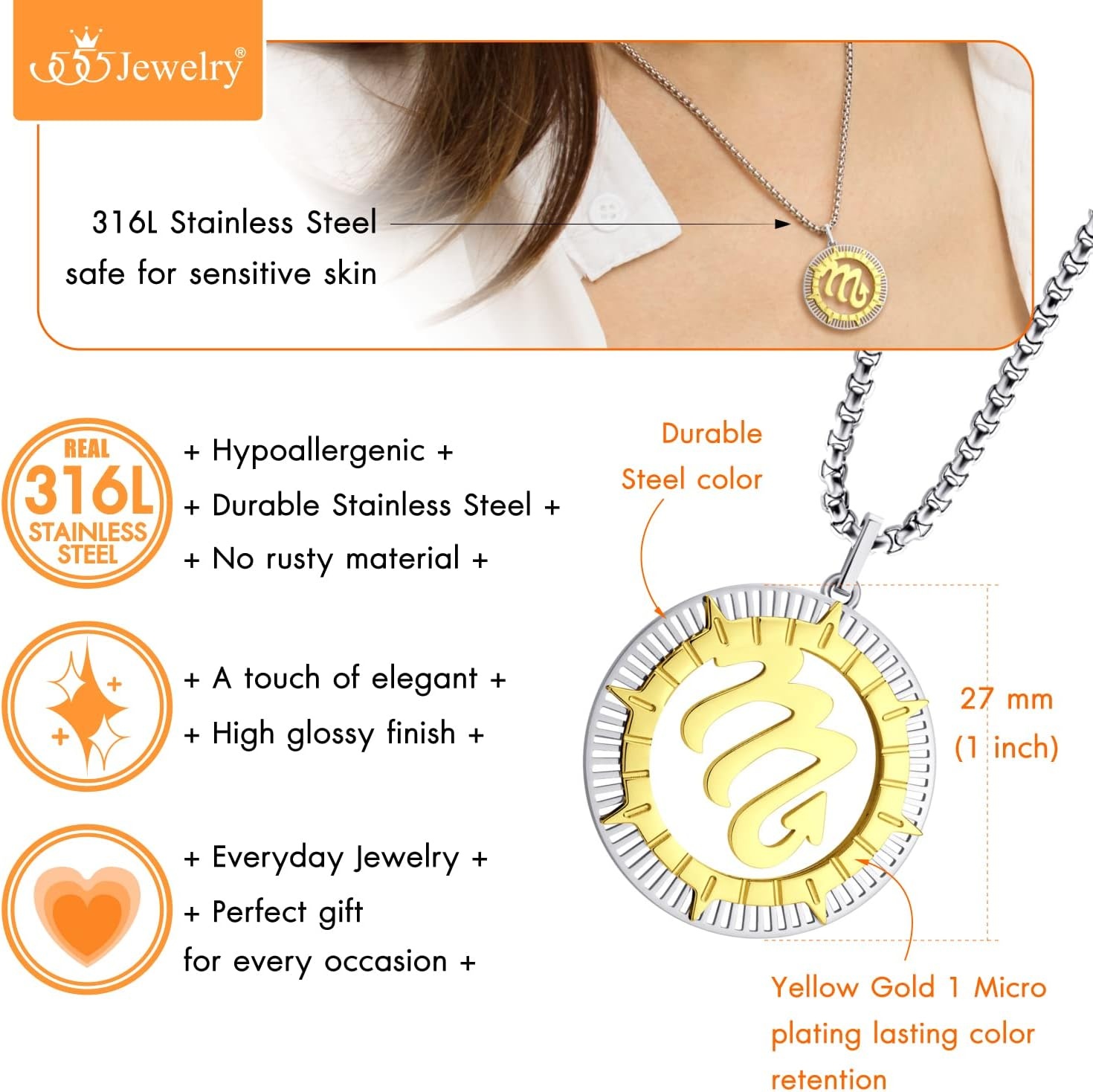 image:image555Jewelry Stainless Steel Horoscope Zodiac Sign Necklace Pendant for Men amp Women Scorpio SilverGold