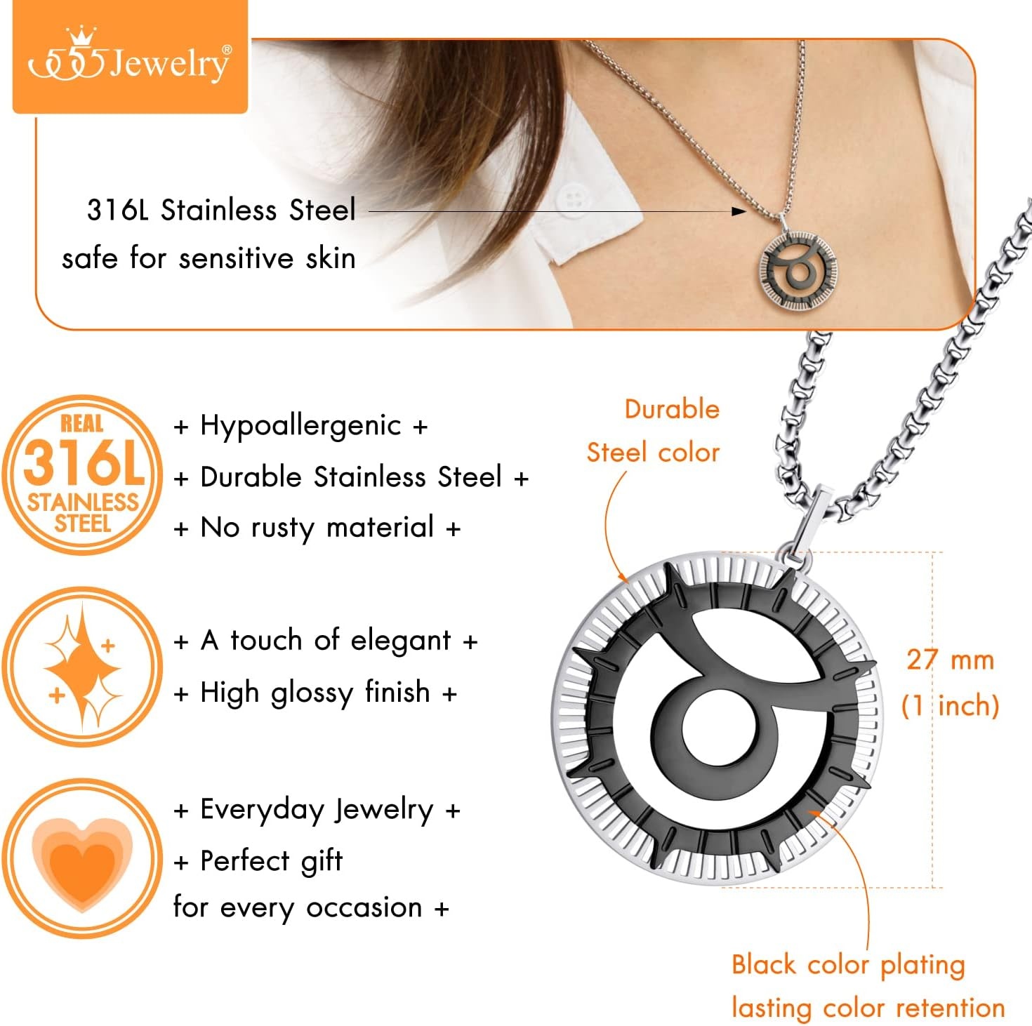 image:image555Jewelry Stainless Steel Horoscope Zodiac Sign Necklace Pendant for Men amp Women Taurus SilverBlack