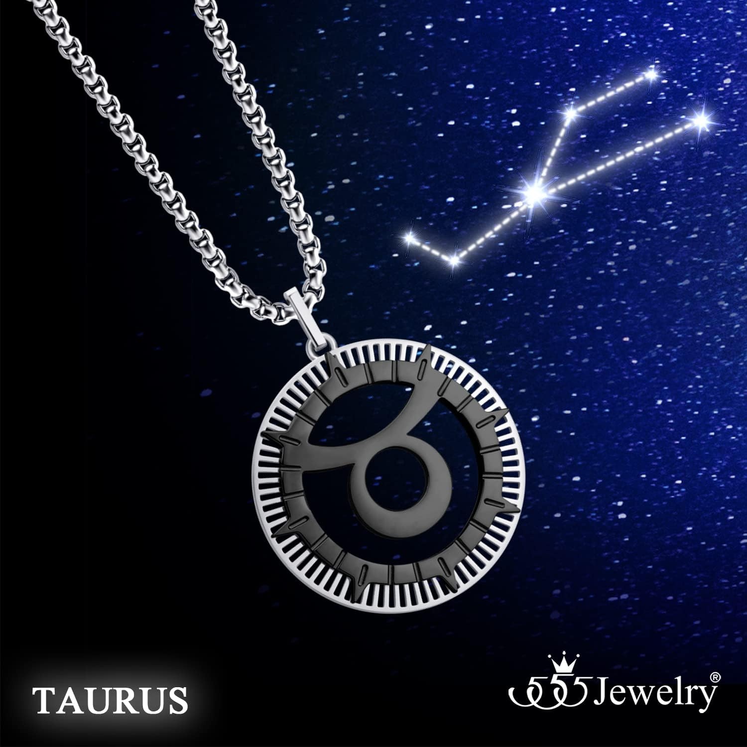 image:image555Jewelry Stainless Steel Horoscope Zodiac Sign Necklace Pendant for Men amp Women Taurus SilverBlack