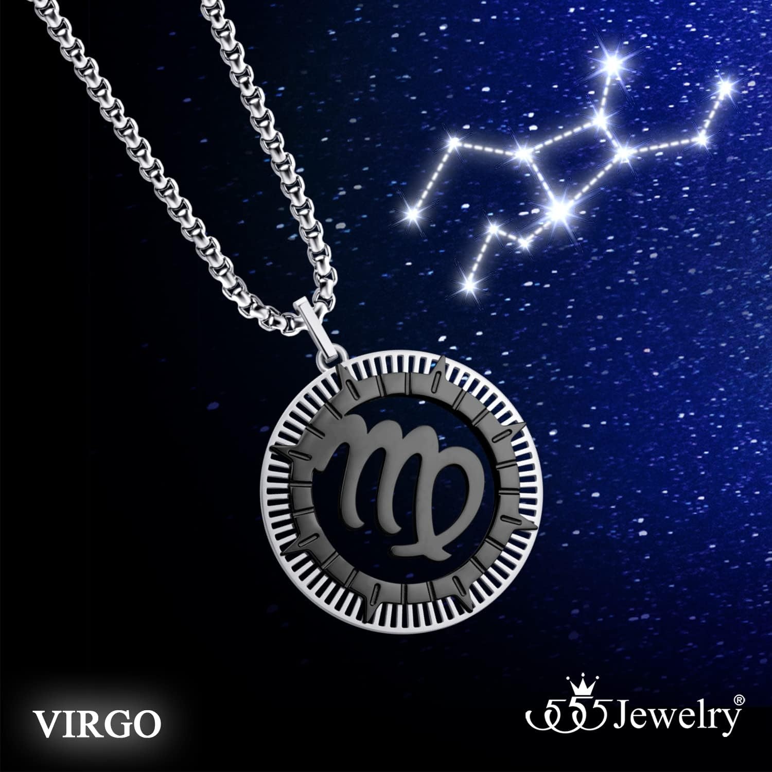 image:image555Jewelry Stainless Steel Horoscope Zodiac Sign Necklace Pendant for Men amp Women Virgo SilverBlack