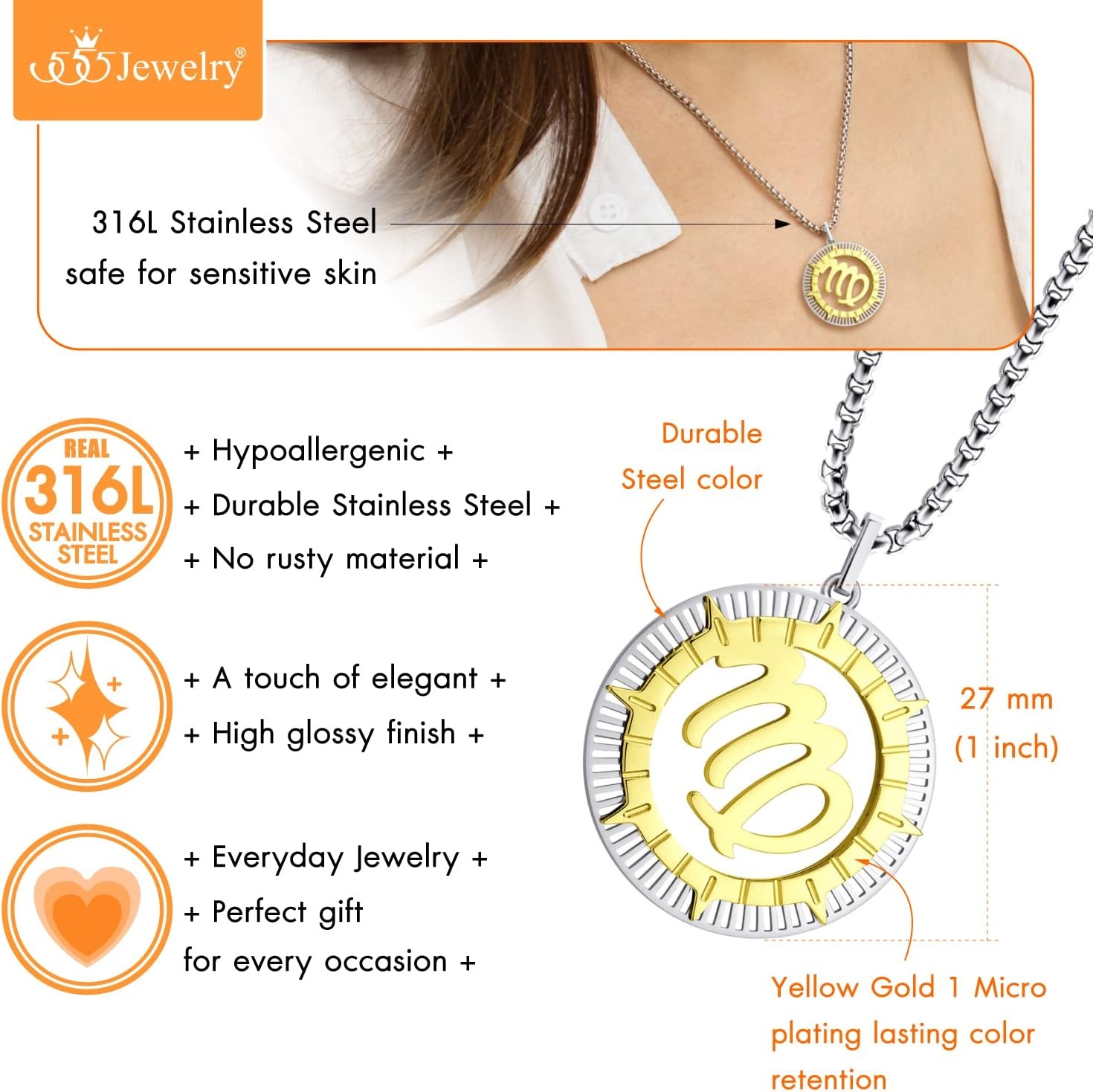 image:image555Jewelry Stainless Steel Horoscope Zodiac Sign Necklace Pendant for Men amp Women Virgo SilverGold