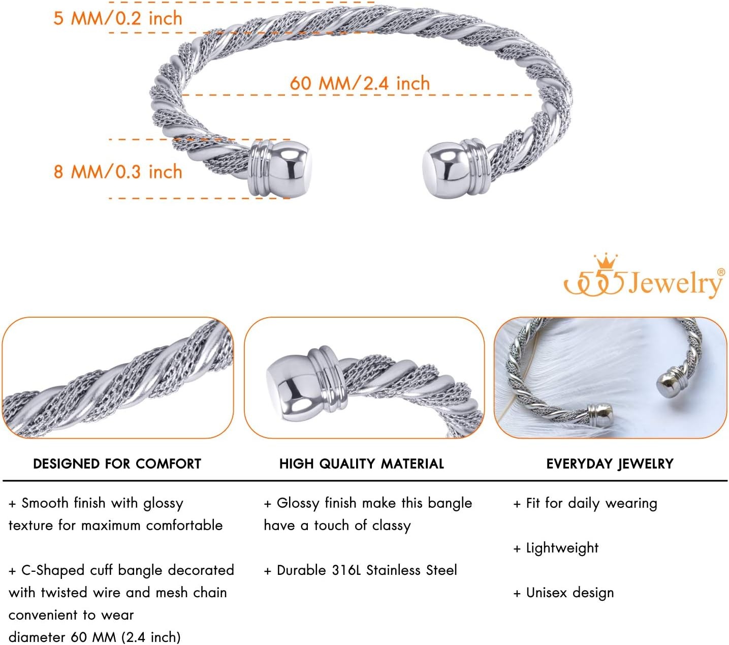 image:image555Jewelry Adjustable Stainless Steel Twisted Wire Cable Open Cuff Bangle Bracelet for Women amp LadiesSilver