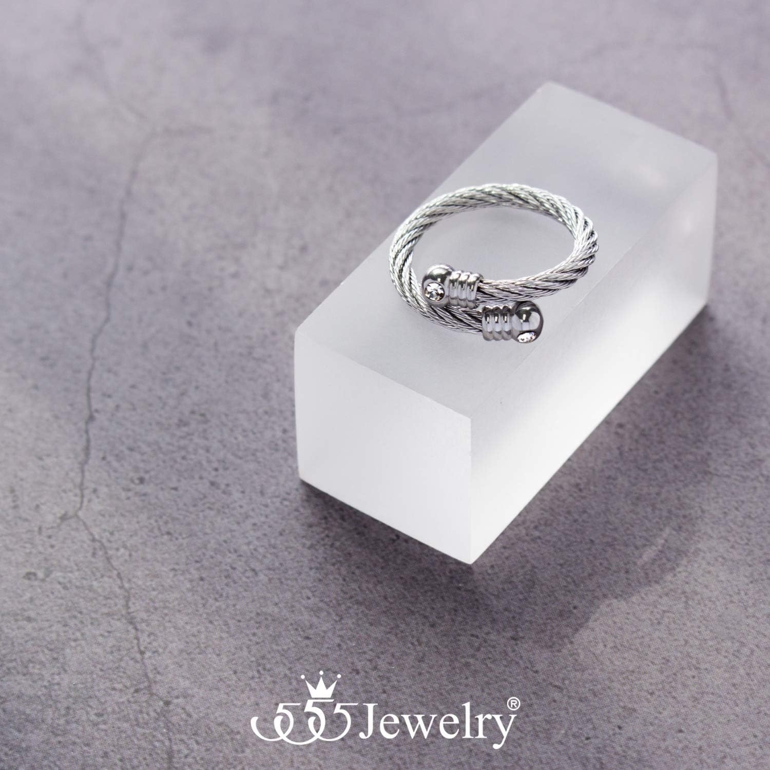 image:image555Jewelry Stainless Steel Twisted Cable CZ Adjustable Open Ring for Women amp LadiesSilver