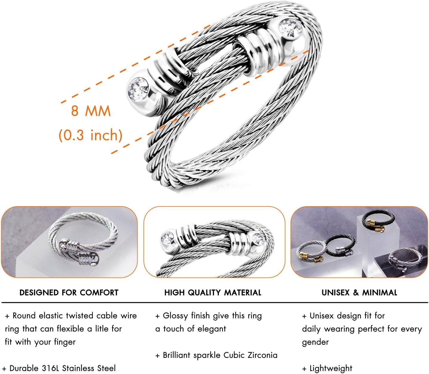 image:image555Jewelry Stainless Steel Twisted Cable CZ Adjustable Open Ring for Women amp LadiesSilver