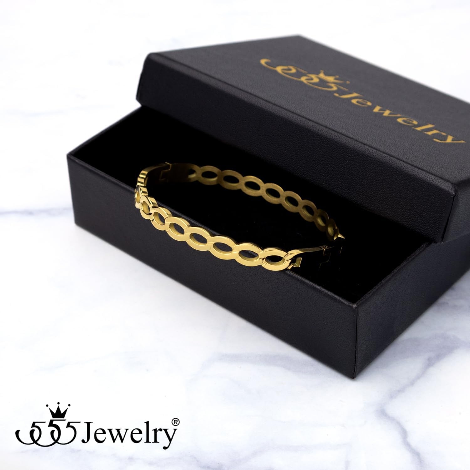 image:image555Jewelry Unisex Stainless Steel Chain Link Bangle Bracelet for Women Durable Curb Hinged Chain Pattern Bracelet for MenGold