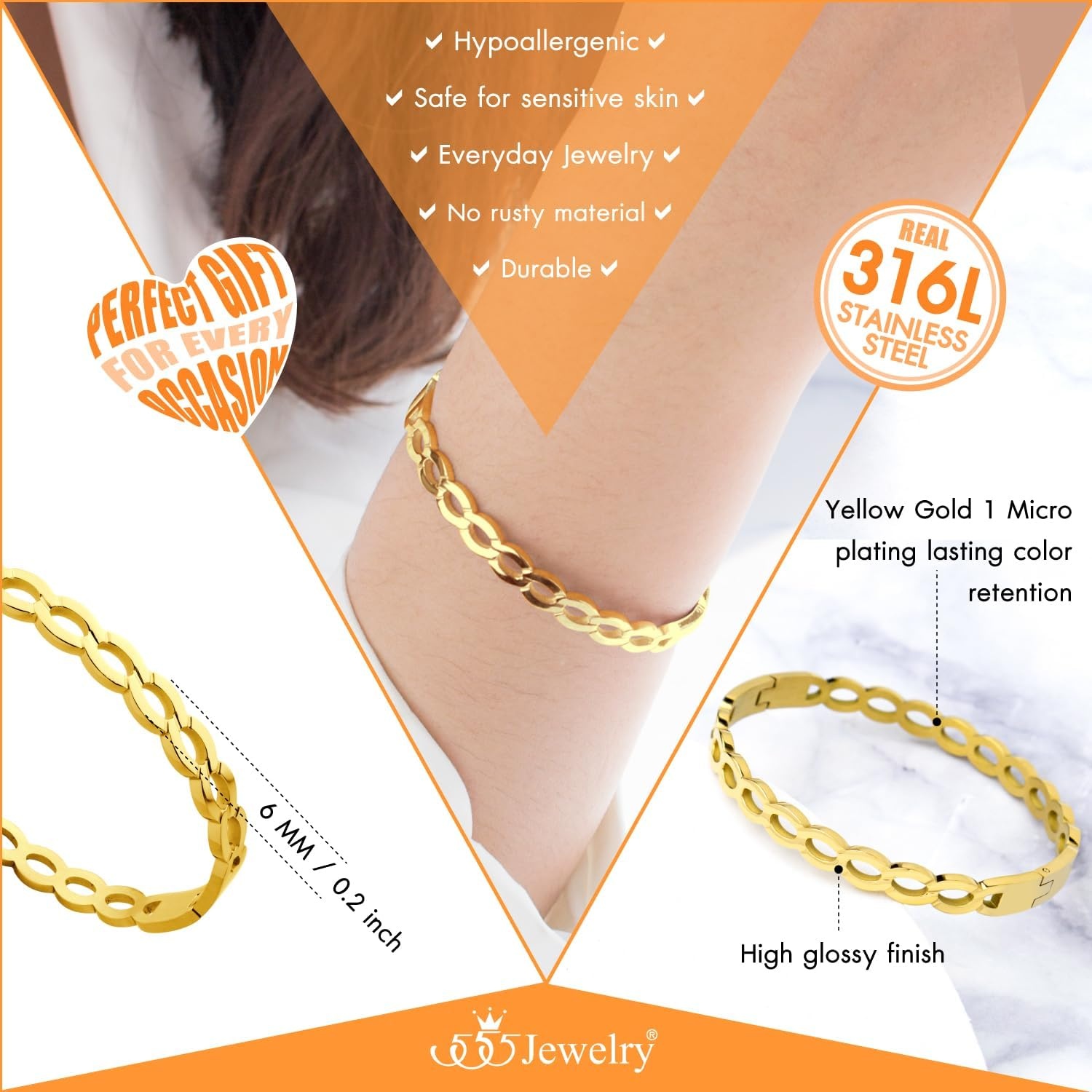 image:image555Jewelry Unisex Stainless Steel Chain Link Bangle Bracelet for Women Durable Curb Hinged Chain Pattern Bracelet for MenGold