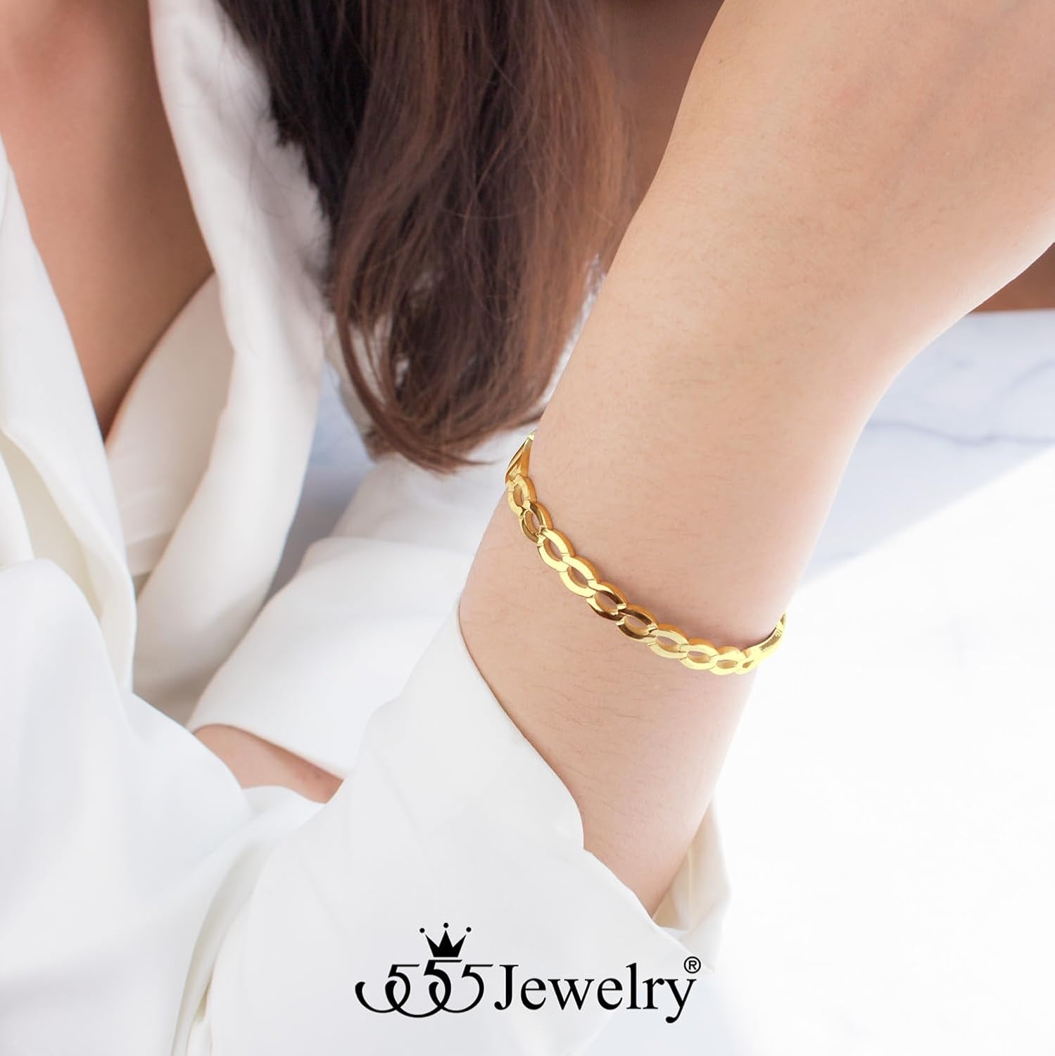 image:image555Jewelry Unisex Stainless Steel Chain Link Bangle Bracelet for Women Durable Curb Hinged Chain Pattern Bracelet for MenGold