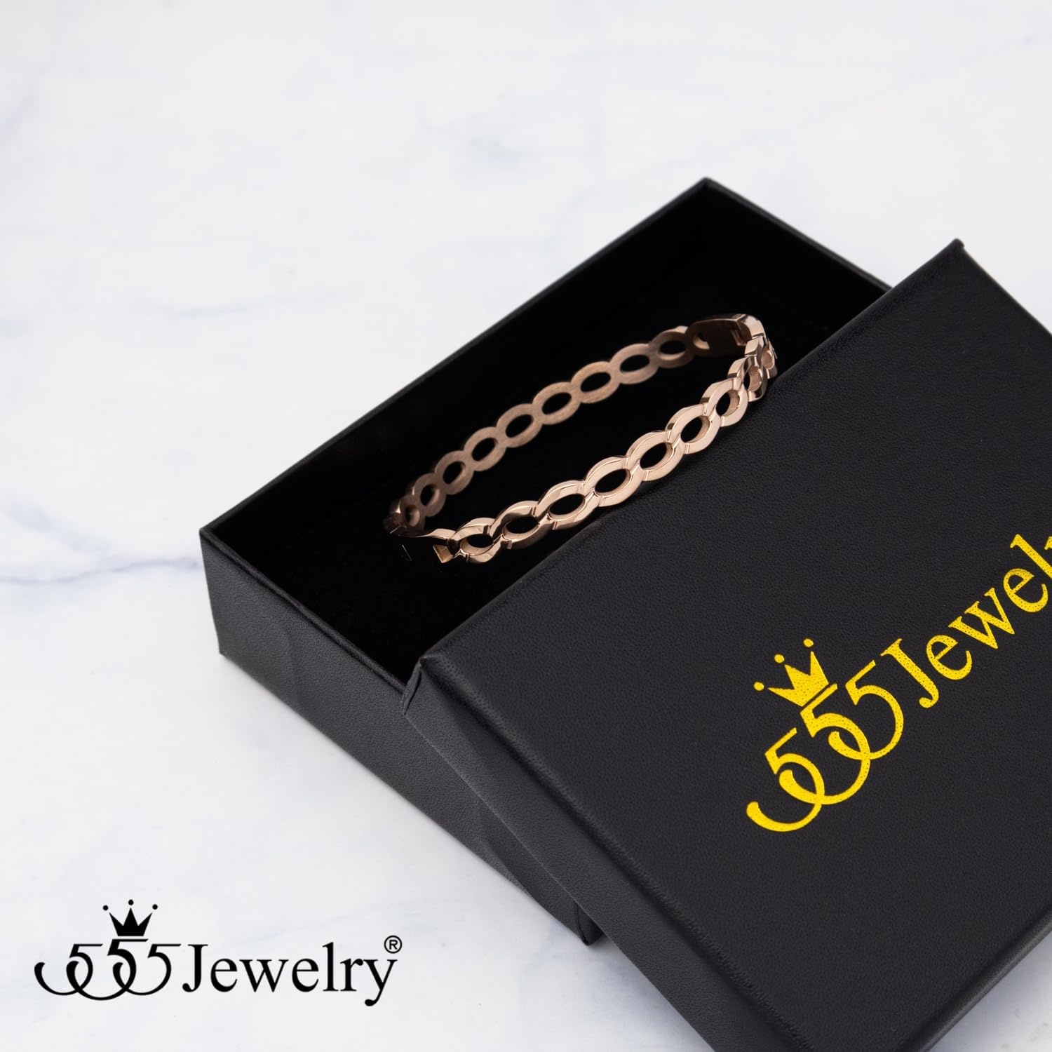 image:image555Jewelry Unisex Stainless Steel Chain Link Bangle Bracelet for Women Durable Curb Hinged Chain Pattern Bracelet for MenRose Gold