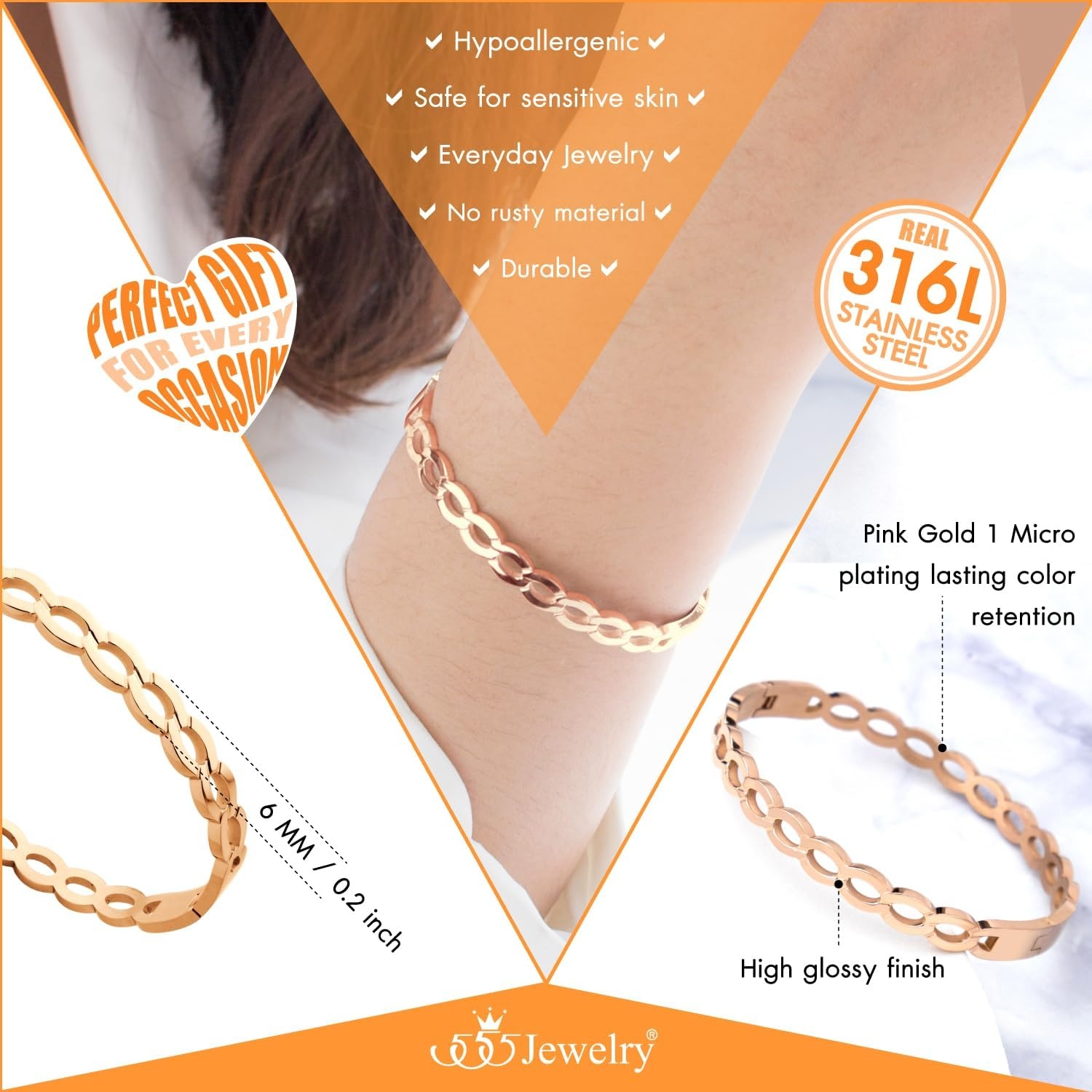 image:image555Jewelry Unisex Stainless Steel Chain Link Bangle Bracelet for Women Durable Curb Hinged Chain Pattern Bracelet for MenRose Gold