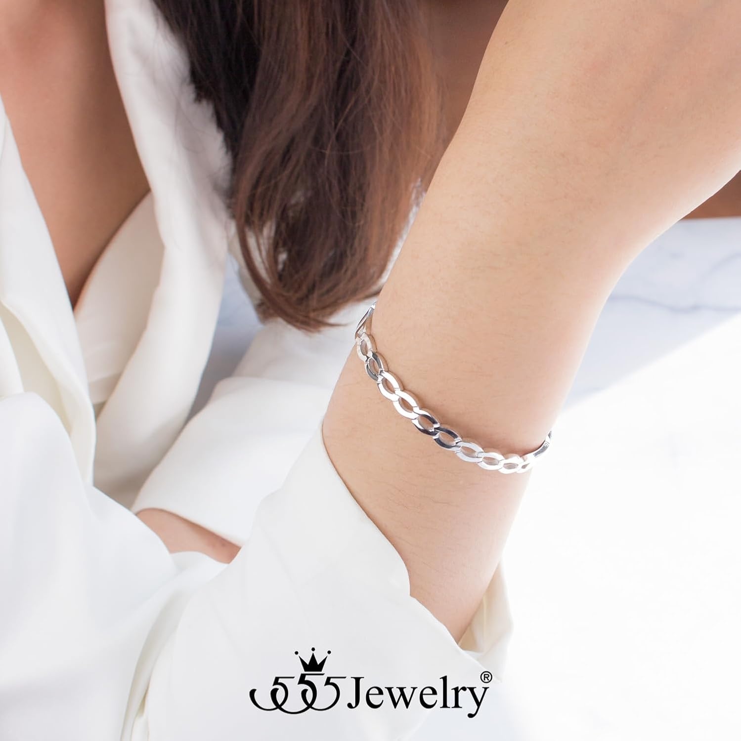 image:image555Jewelry Unisex Stainless Steel Chain Link Bangle Bracelet for Women Durable Curb Hinged Chain Pattern Bracelet for MenSilver