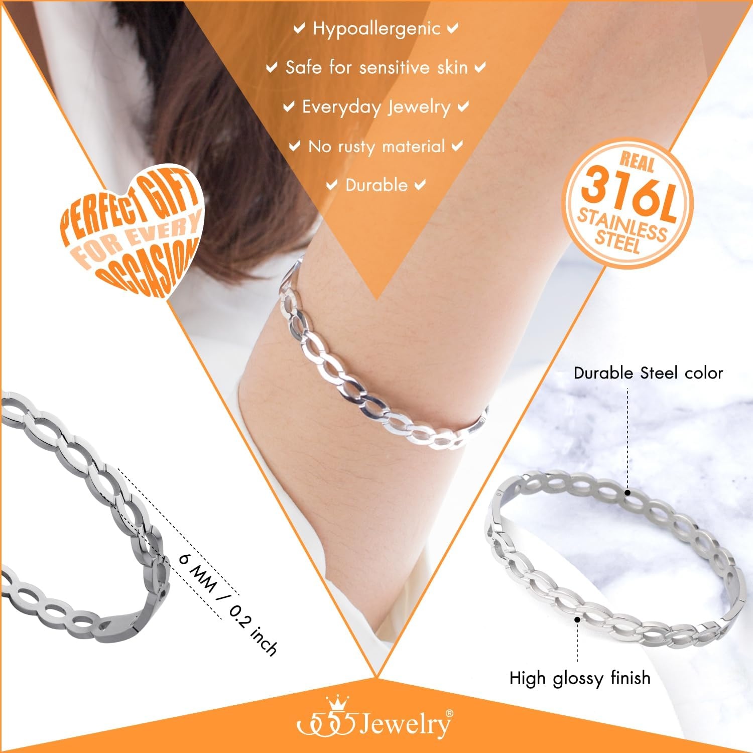 image:image555Jewelry Unisex Stainless Steel Chain Link Bangle Bracelet for Women Durable Curb Hinged Chain Pattern Bracelet for MenSilver