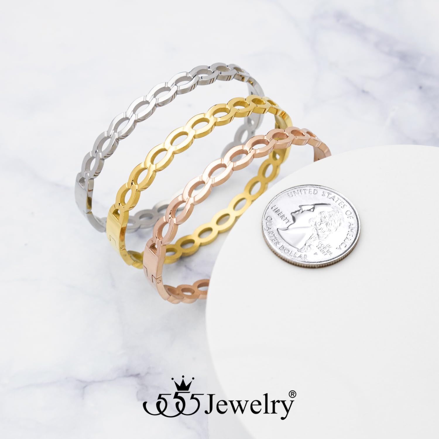 image:image555Jewelry Unisex Stainless Steel Chain Link Bangle Bracelet for Women Durable Curb Hinged Chain Pattern Bracelet for MenSilver