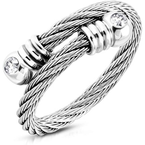 image:image555Jewelry Stainless Steel Twisted Cable CZ Adjustable Open Ring for Women amp LadiesSilver